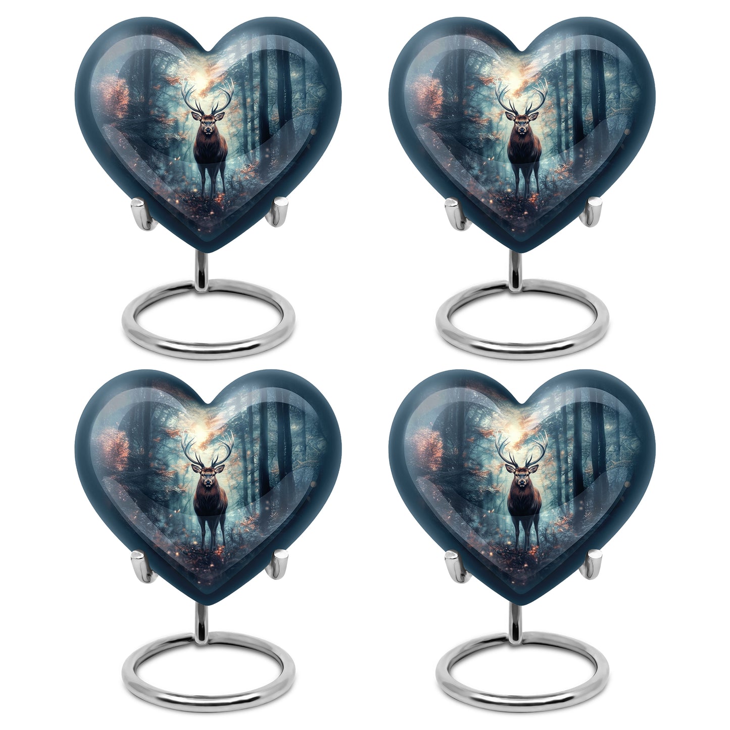 Slate Blue Deer Cremation Urn angled view of lid and engraved motif - heart-shaped deer design symbolizing eternal love - 10 inch aluminum urn for cremated remains