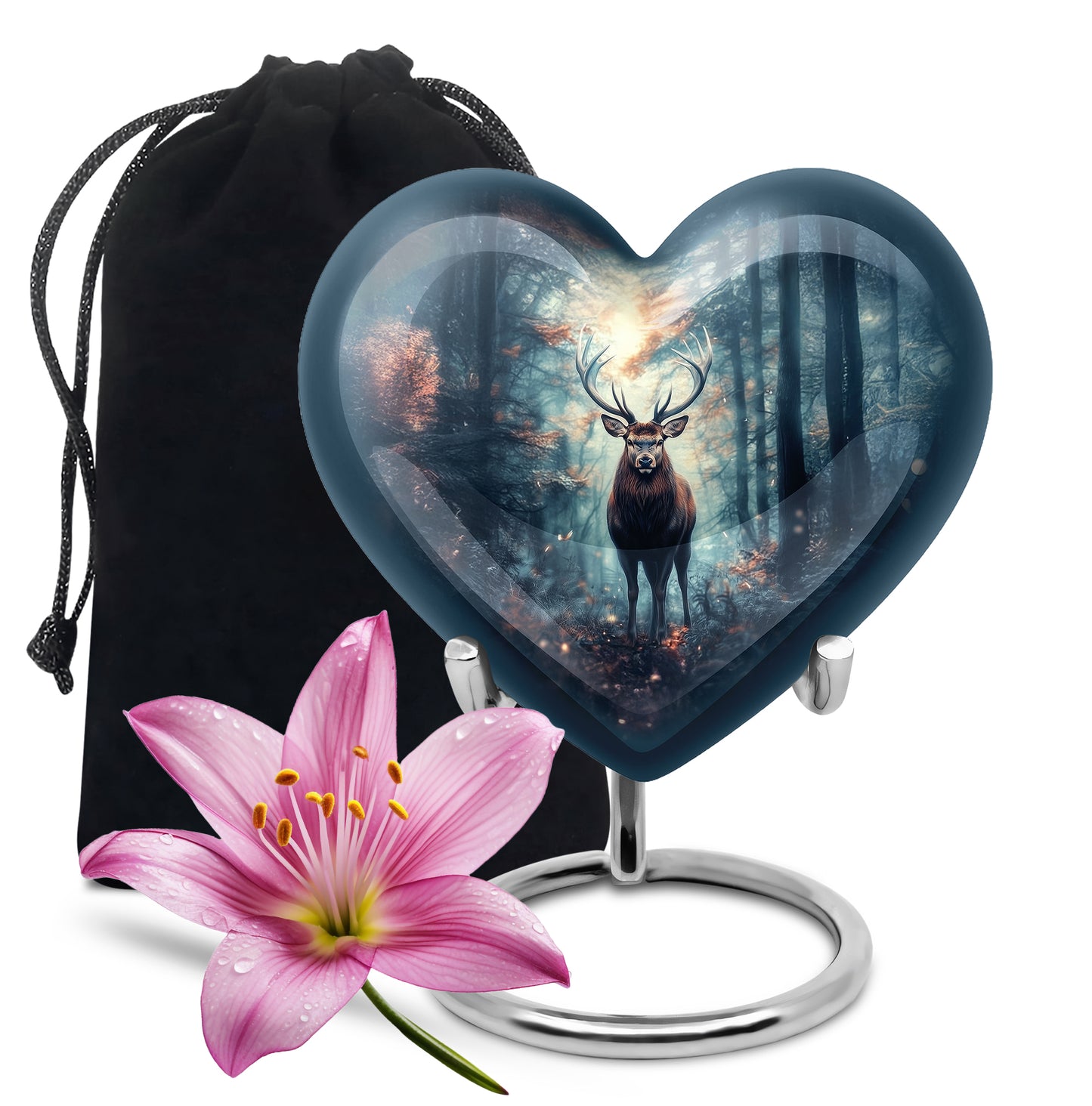 Misty Blue Deer Cremation Urn detail view - loving heart memorial featuring deer pattern - full-size 10 inch 200 cubic inch adult cremation urn