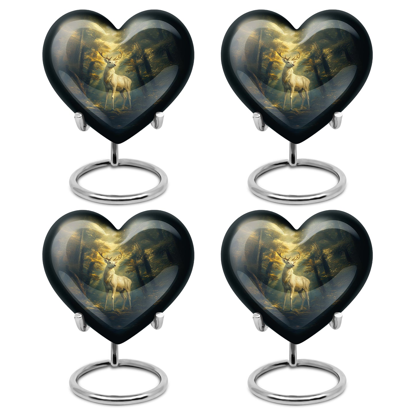 Rich Black Deer Cremation Urn angled view of lid and engraved motif - heart-shaped deer design symbolizing eternal love - 10 inch aluminum urn for cremated remains