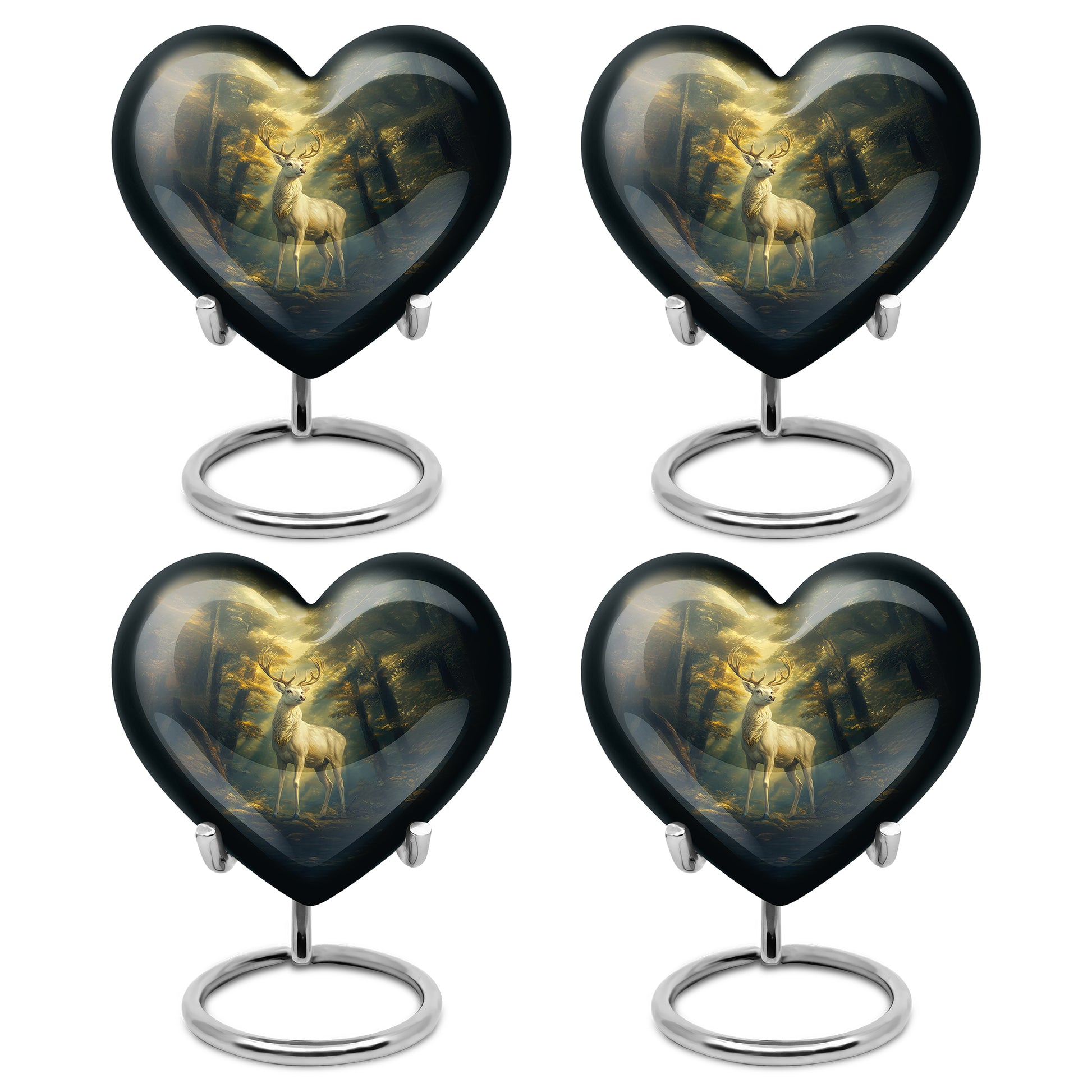 Rich Black Deer Cremation Urn angled view of lid and engraved motif - heart-shaped deer design symbolizing eternal love - 10 inch aluminum urn for cremated remains