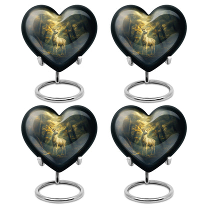 Rich Black Deer Cremation Urn angled view of lid and engraved motif - heart-shaped deer design symbolizing eternal love - 10 inch aluminum urn for cremated remains
