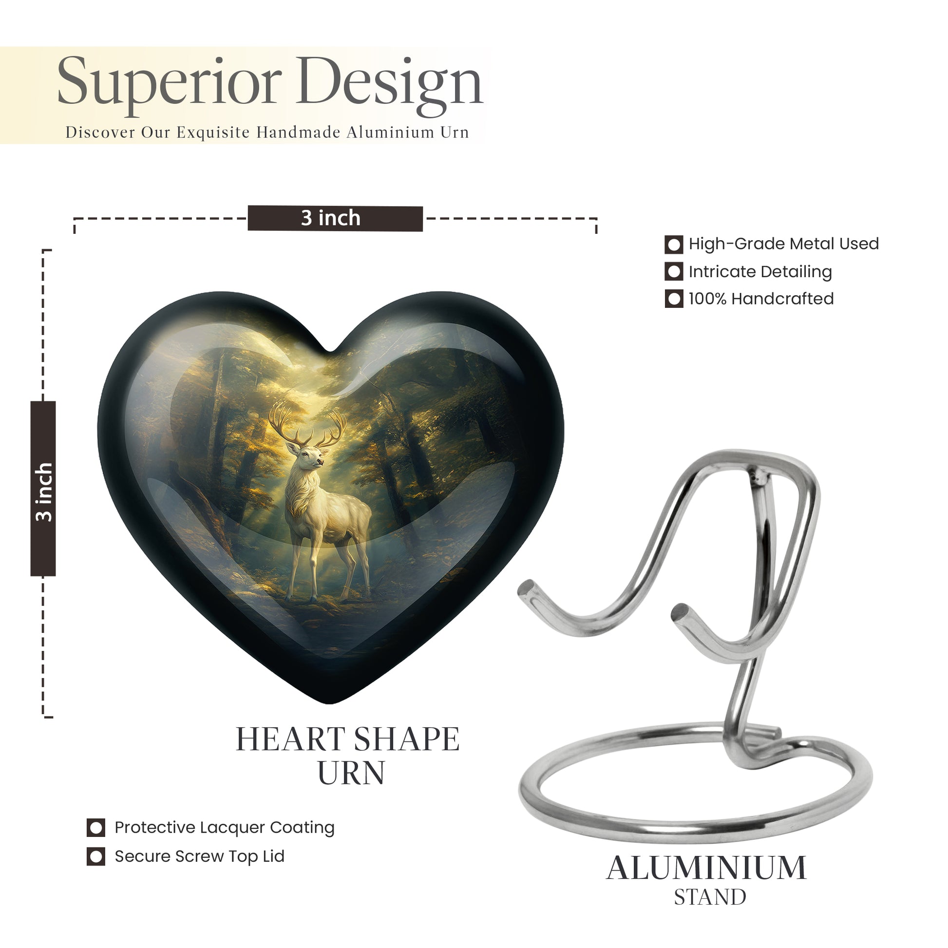 Ebony Deer Cremation Urn front view showing detailed design - loving heart memorial featuring deer pattern - mini keepsake memorial for portion of cremation ashes
