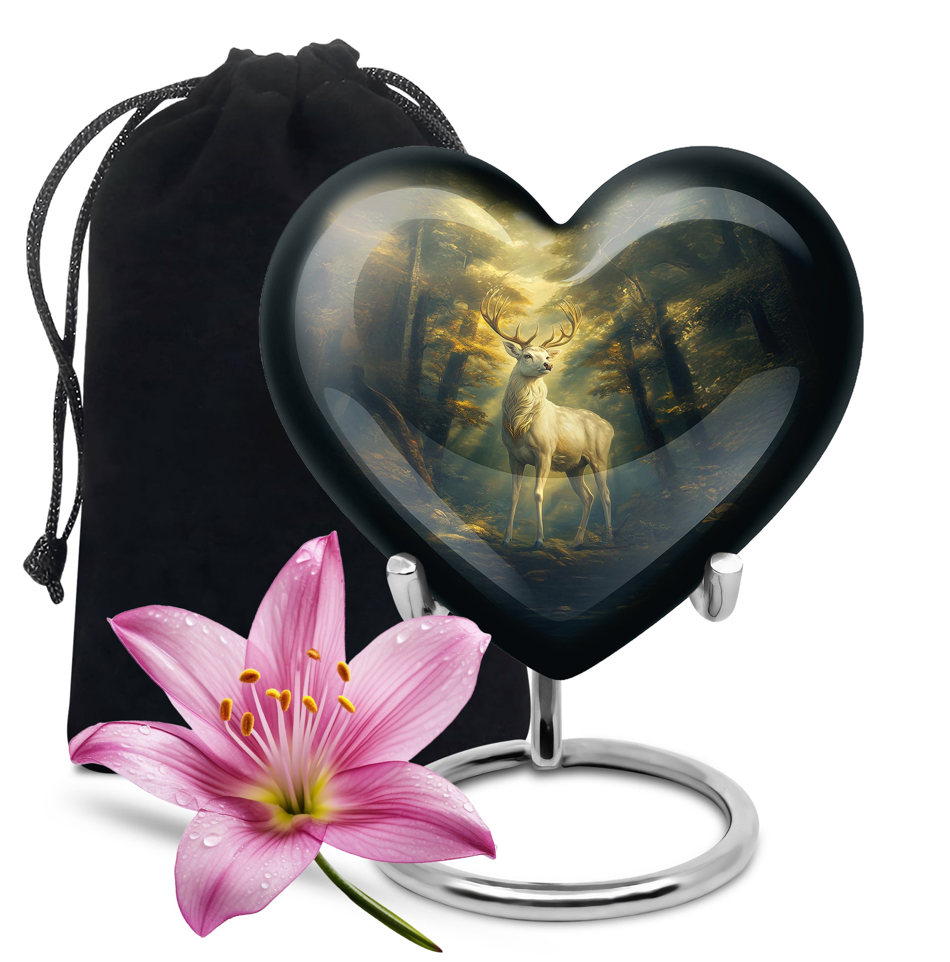 Charcoal Black Deer Cremation Urn detail view - compassionate heart-deer combination with gentle curves - full-size 10 inch 200 cubic inch adult cremation urn