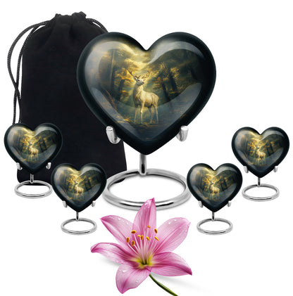 Glossy Black Deer Cremation Urn close-up of engraving and surface detail - loving heart memorial featuring deer pattern - memorial set with one large and four small urns