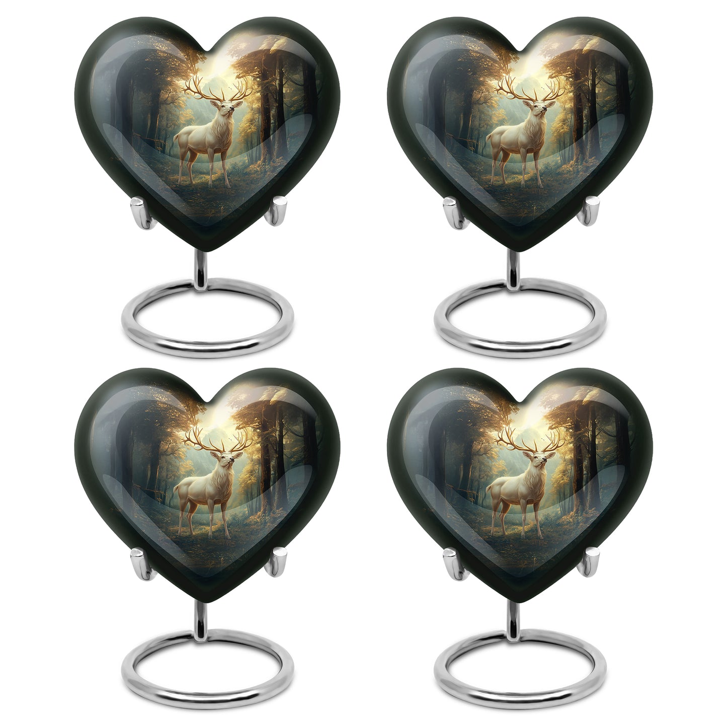 Gilded Gold Deer Cremation Urn angled view of lid and engraved motif - loving heart memorial featuring deer pattern - 10 inch aluminum urn for cremated remains