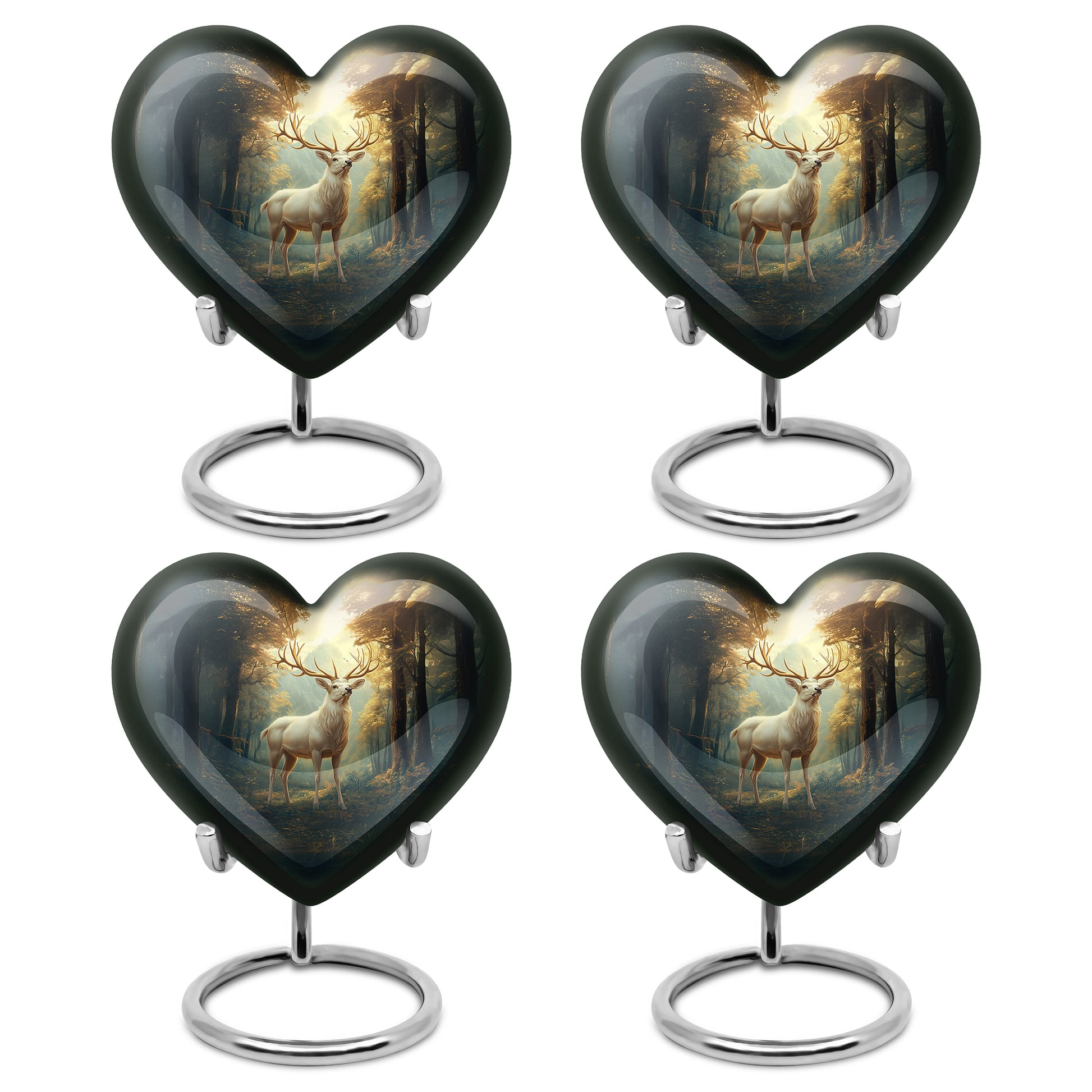 Gilded Gold Deer Cremation Urn angled view of lid and engraved motif - loving heart memorial featuring deer pattern - 10 inch aluminum urn for cremated remains