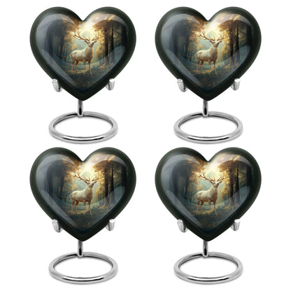 Gilded Gold Deer Cremation Urn angled view of lid and engraved motif - loving heart memorial featuring deer pattern - 10 inch aluminum urn for cremated remains