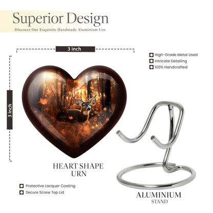 Amber Gold Deer Cremation Urn front view showing detailed design - heart-shaped deer design symbolizing eternal love - mini keepsake memorial for portion of cremation ashes