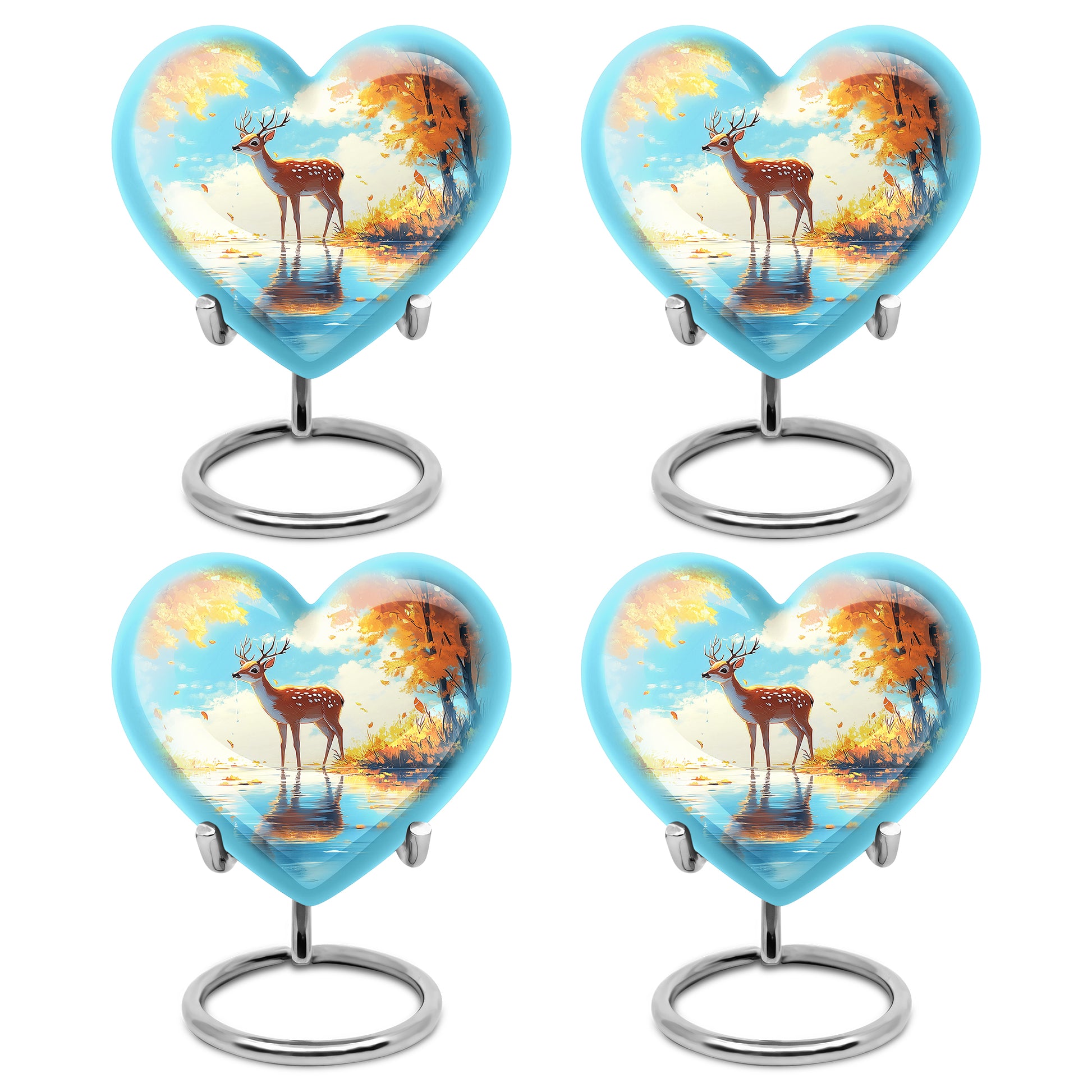 Sea Green Teal Deer Cremation Urn angled view of lid and engraved motif - heart-shaped deer design symbolizing eternal love - 10 inch aluminum urn for cremated remains