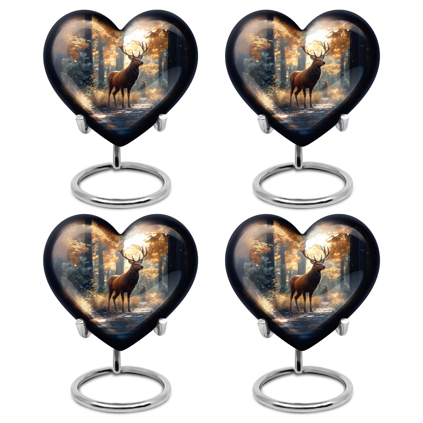 Warm Gold Deer Cremation Urn angled view of lid and engraved motif - compassionate heart-deer combination with gentle curves - 10 inch aluminum urn for cremated remains
