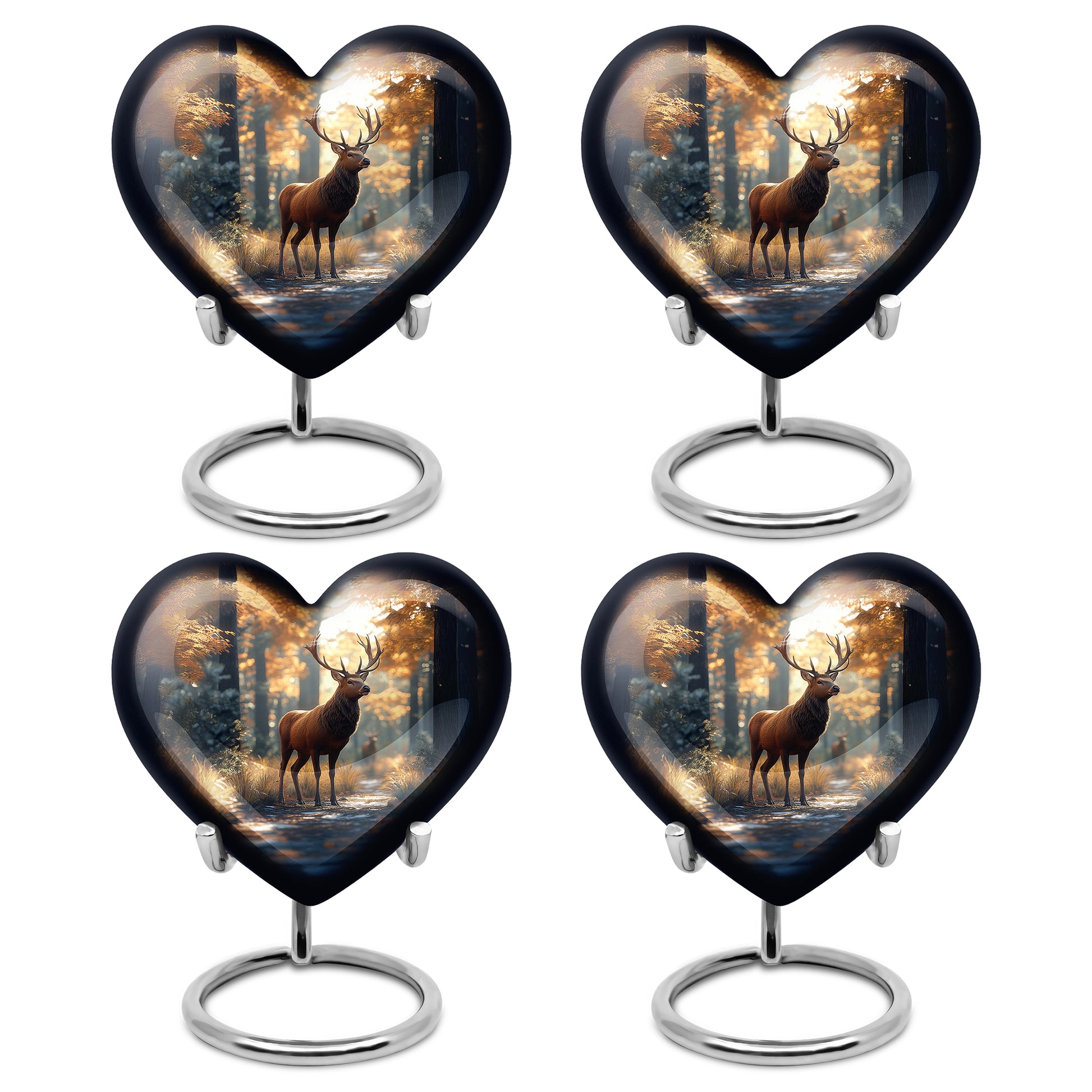 Warm Gold Deer Cremation Urn angled view of lid and engraved motif - compassionate heart-deer combination with gentle curves - 10 inch aluminum urn for cremated remains