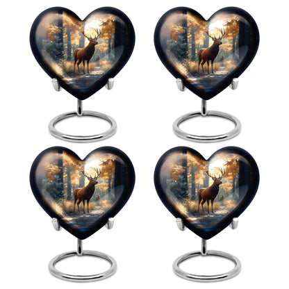 Warm Gold Deer Cremation Urn angled view of lid and engraved motif - compassionate heart-deer combination with gentle curves - 10 inch aluminum urn for cremated remains