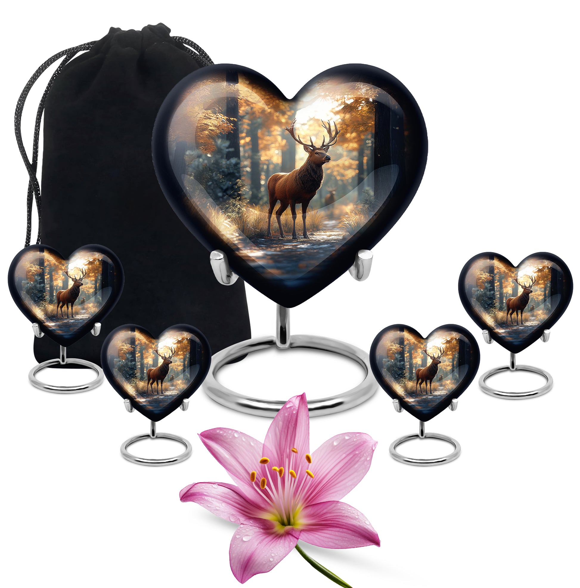Matte Gold Deer Cremation Urn close-up of engraving and surface detail - romantic heart urn with deer motif on aluminum - memorial set with one large and four small urns