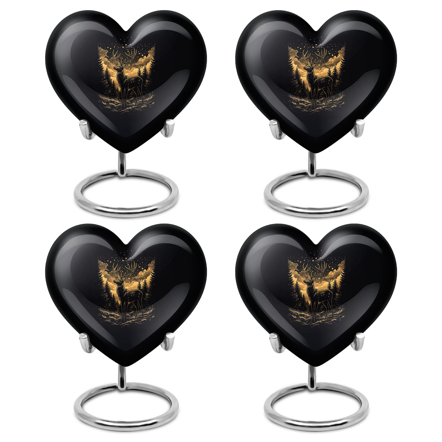 Dark Black Deer Cremation Urn angled view of lid and engraved motif - romantic heart urn with deer motif on aluminum - 10 inch aluminum urn for cremated remains