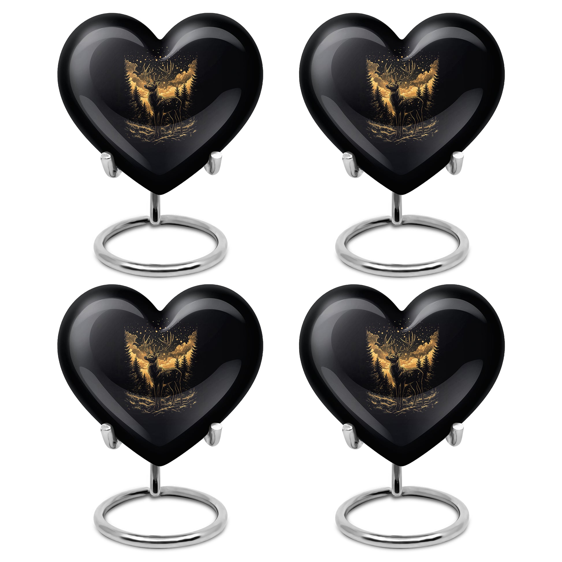 Dark Black Deer Cremation Urn angled view of lid and engraved motif - romantic heart urn with deer motif on aluminum - 10 inch aluminum urn for cremated remains