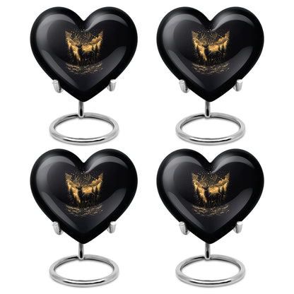 Dark Black Deer Cremation Urn angled view of lid and engraved motif - romantic heart urn with deer motif on aluminum - 10 inch aluminum urn for cremated remains