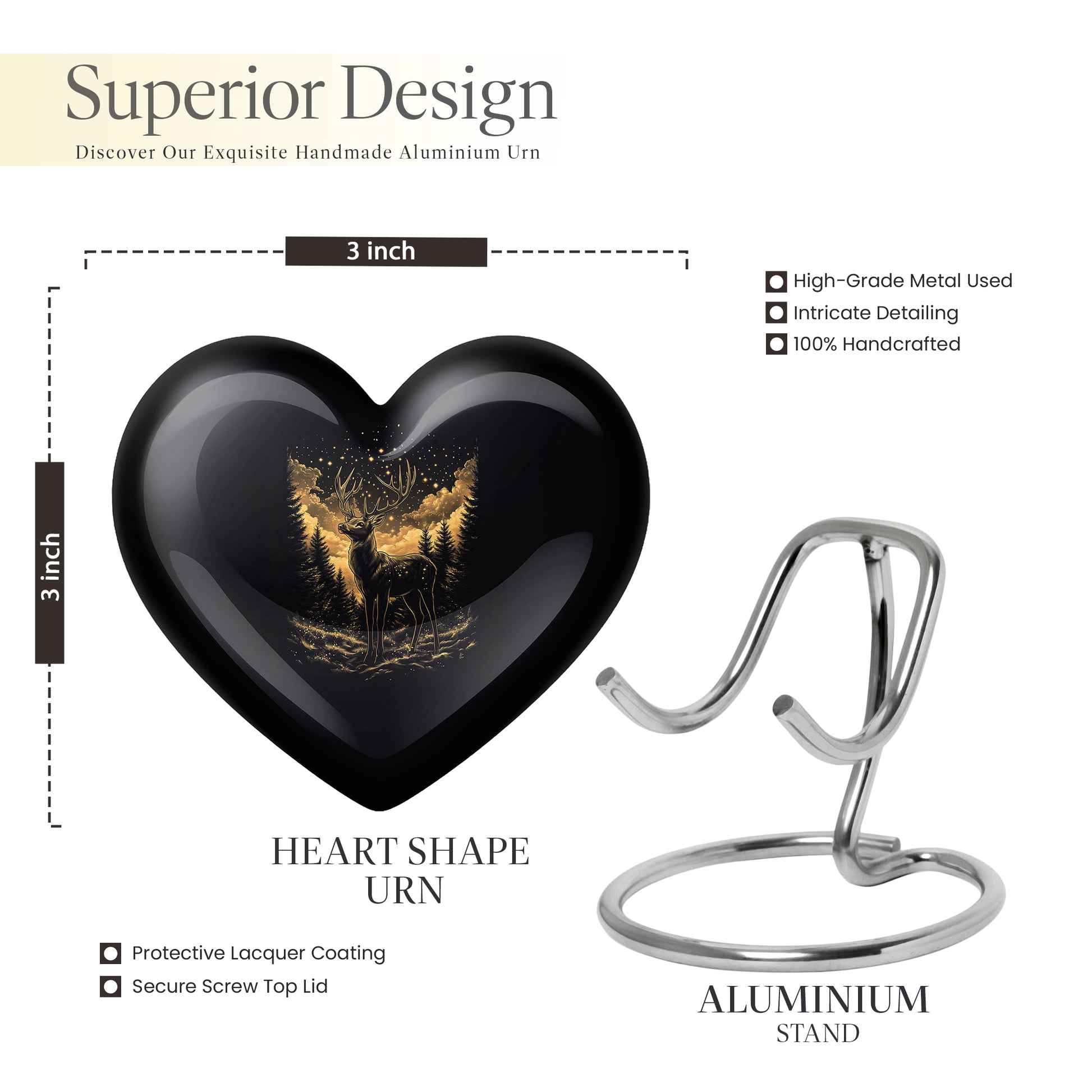 Glossy Black Deer Cremation Urn front view showing detailed design - loving heart memorial featuring deer pattern - mini keepsake memorial for portion of cremation ashes