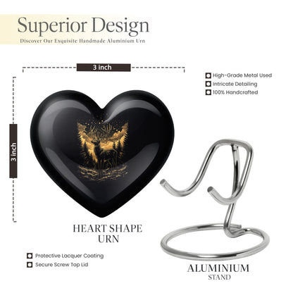 Glossy Black Deer Cremation Urn front view showing detailed design - loving heart memorial featuring deer pattern - mini keepsake memorial for portion of cremation ashes