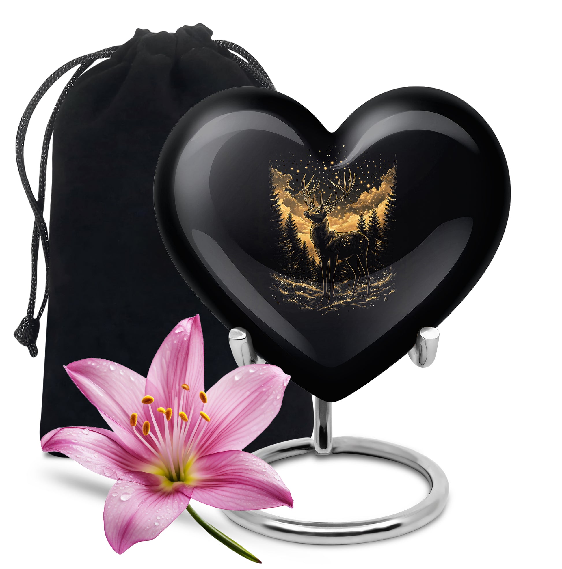 Obsidian Black Deer Cremation Urn detail view - compassionate heart-deer combination with gentle curves - full-size 10 inch 200 cubic inch adult cremation urn