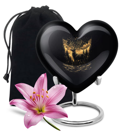 Obsidian Black Deer Cremation Urn detail view - compassionate heart-deer combination with gentle curves - full-size 10 inch 200 cubic inch adult cremation urn
