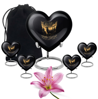 Midnight Black Deer Cremation Urn close-up of engraving and surface detail - compassionate heart-deer combination with gentle curves - memorial set with one large and four small urns
