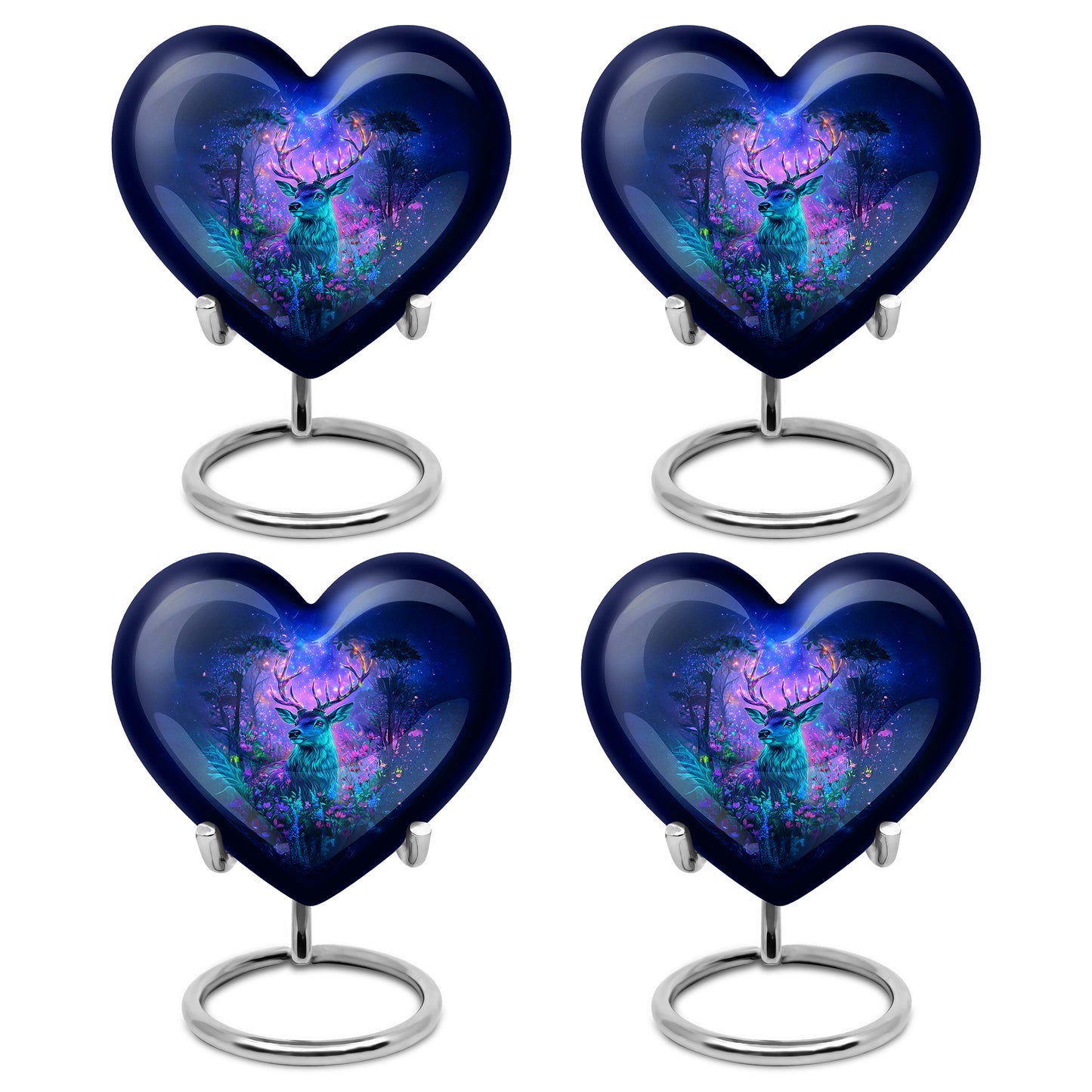 Twilight Blue Deer Cremation Urn angled view of lid and engraved motif - romantic heart urn with deer motif on aluminum - 10 inch aluminum urn for cremated remains