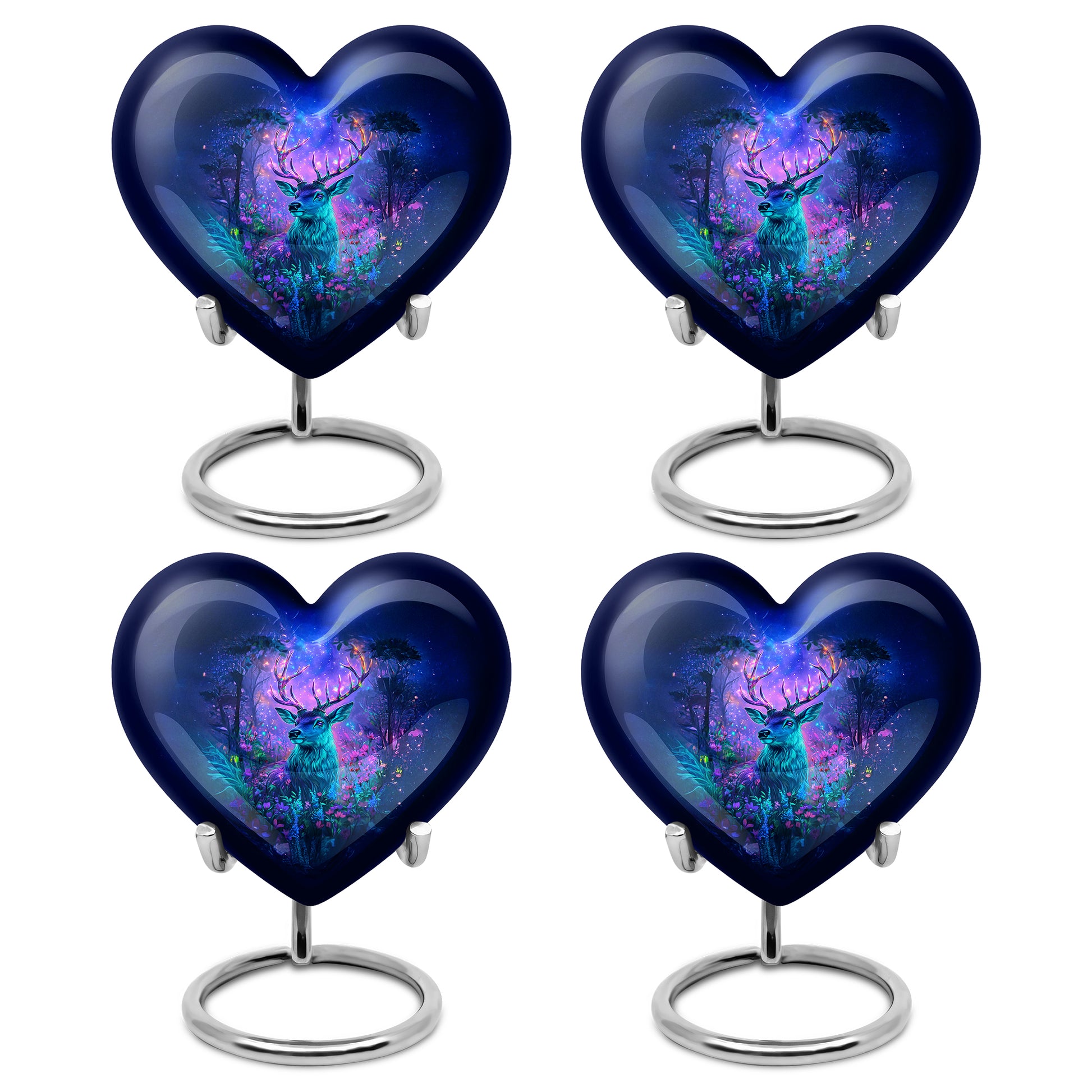 Twilight Blue Deer Cremation Urn angled view of lid and engraved motif - romantic heart urn with deer motif on aluminum - 10 inch aluminum urn for cremated remains