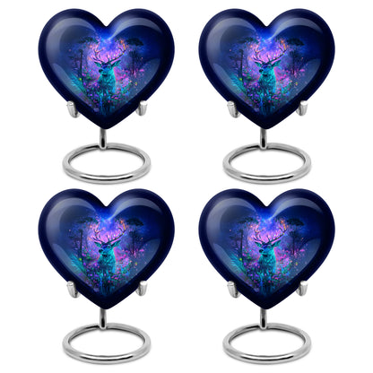Twilight Blue Deer Cremation Urn angled view of lid and engraved motif - romantic heart urn with deer motif on aluminum - 10 inch aluminum urn for cremated remains