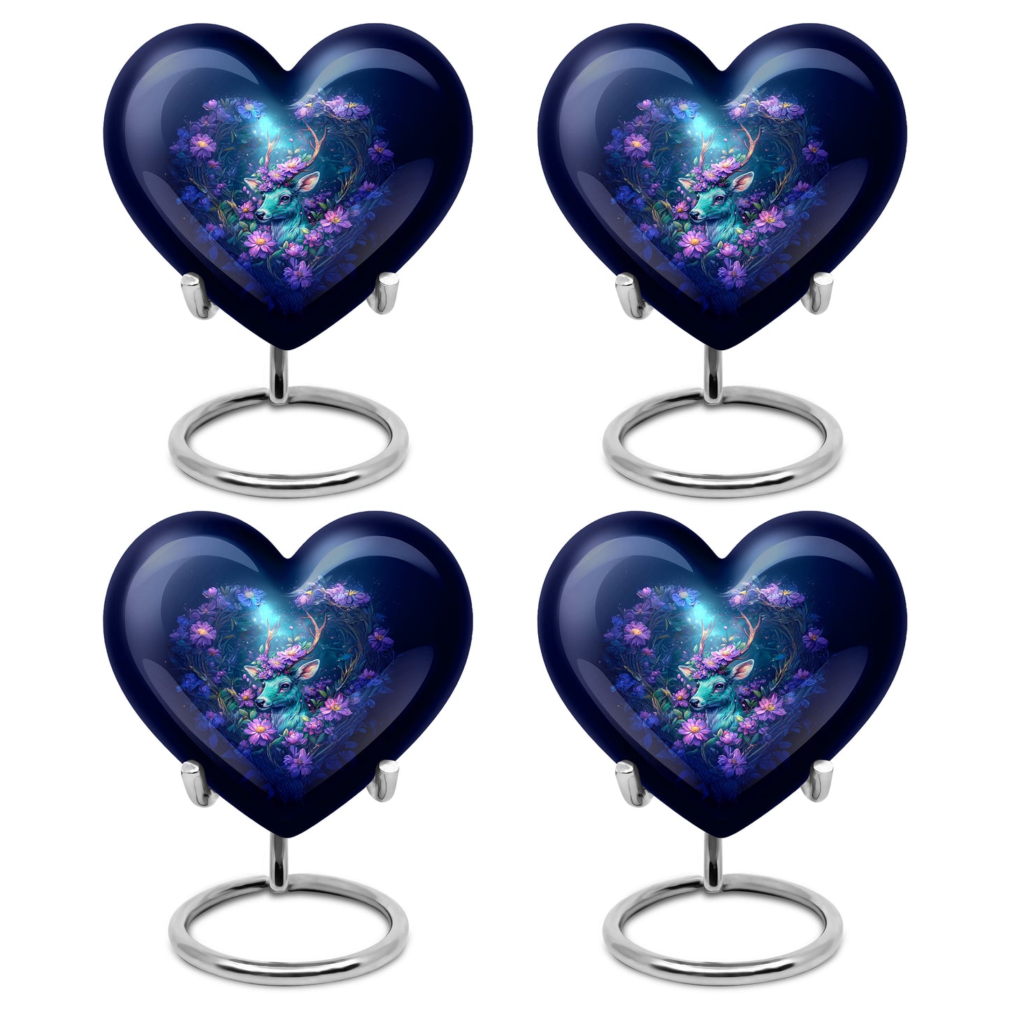 Slate Blue Deer Cremation Urn angled view of lid and engraved motif - loving heart memorial featuring deer pattern - 10 inch aluminum urn for cremated remains