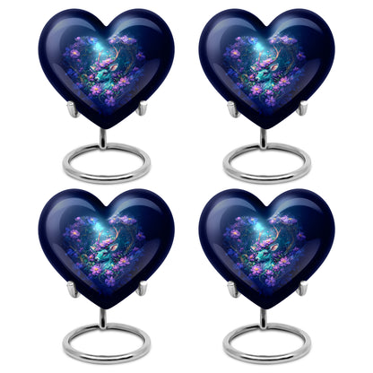 Slate Blue Deer Cremation Urn angled view of lid and engraved motif - loving heart memorial featuring deer pattern - 10 inch aluminum urn for cremated remains