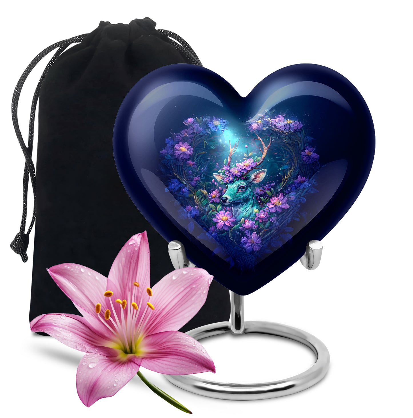 Misty Blue Deer Cremation Urn detail view - loving heart memorial featuring deer pattern - full-size 10 inch 200 cubic inch adult cremation urn
