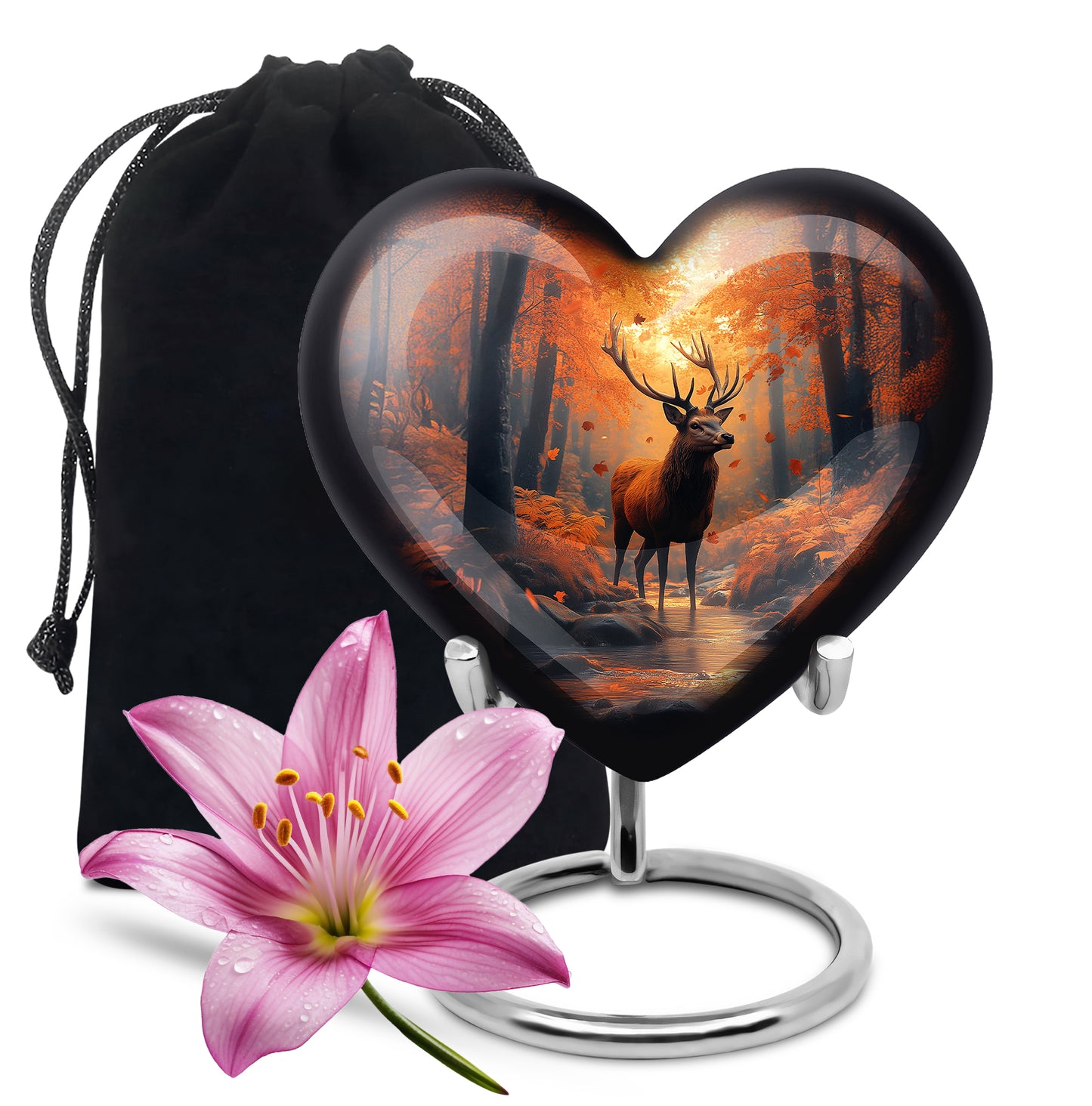 Warm Gold Deer Cremation Urn detail view - romantic heart urn with deer motif on aluminum - full-size 10 inch 200 cubic inch adult cremation urn