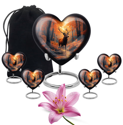 Champagne Gold Deer Cremation Urn close-up of engraving and surface detail - heart-shaped deer design symbolizing eternal love - memorial set with one large and four small urns