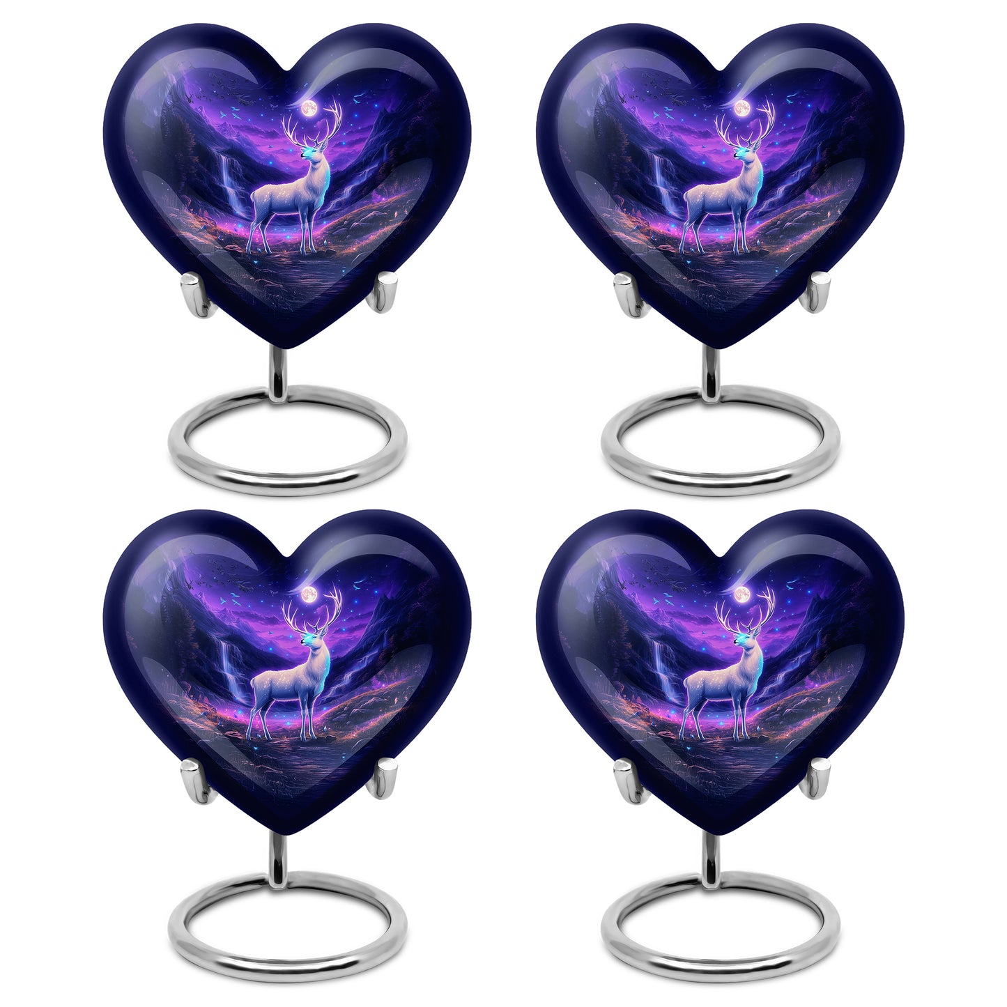 Cobalt Blue Deer Cremation Urn angled view of lid and engraved motif - romantic heart urn with deer motif on aluminum - 10 inch aluminum urn for cremated remains