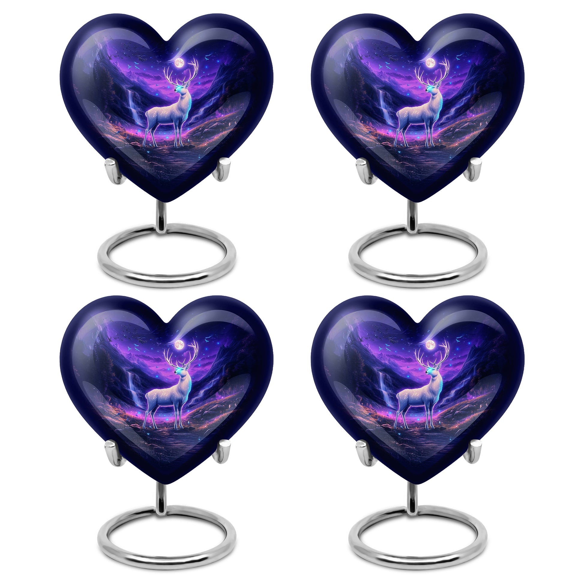 Cobalt Blue Deer Cremation Urn angled view of lid and engraved motif - romantic heart urn with deer motif on aluminum - 10 inch aluminum urn for cremated remains