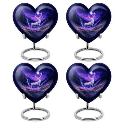Cobalt Blue Deer Cremation Urn angled view of lid and engraved motif - romantic heart urn with deer motif on aluminum - 10 inch aluminum urn for cremated remains