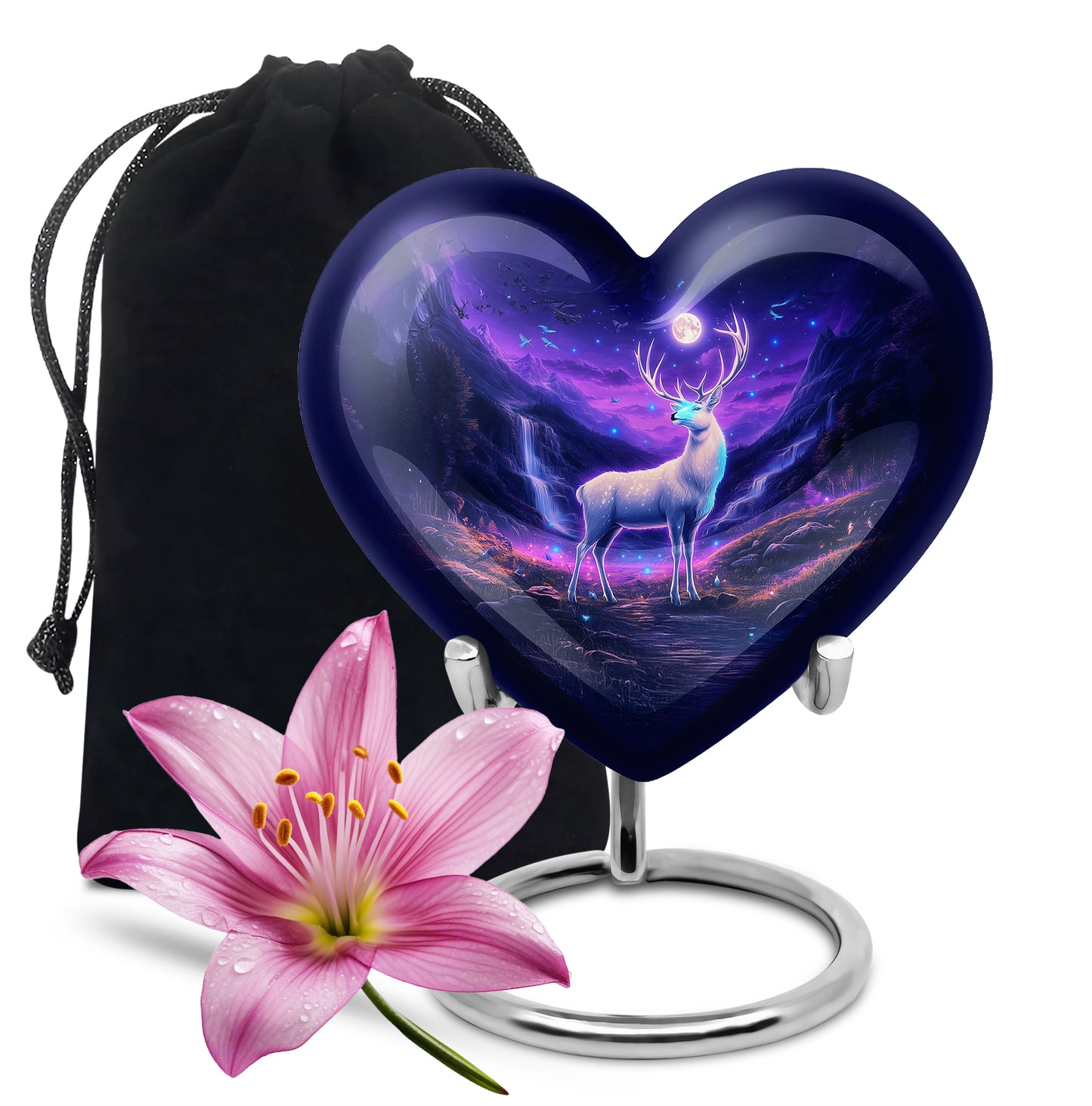 Indigo Deer Cremation Urn detail view - heart-shaped deer design symbolizing eternal love - full-size 10 inch 200 cubic inch adult cremation urn