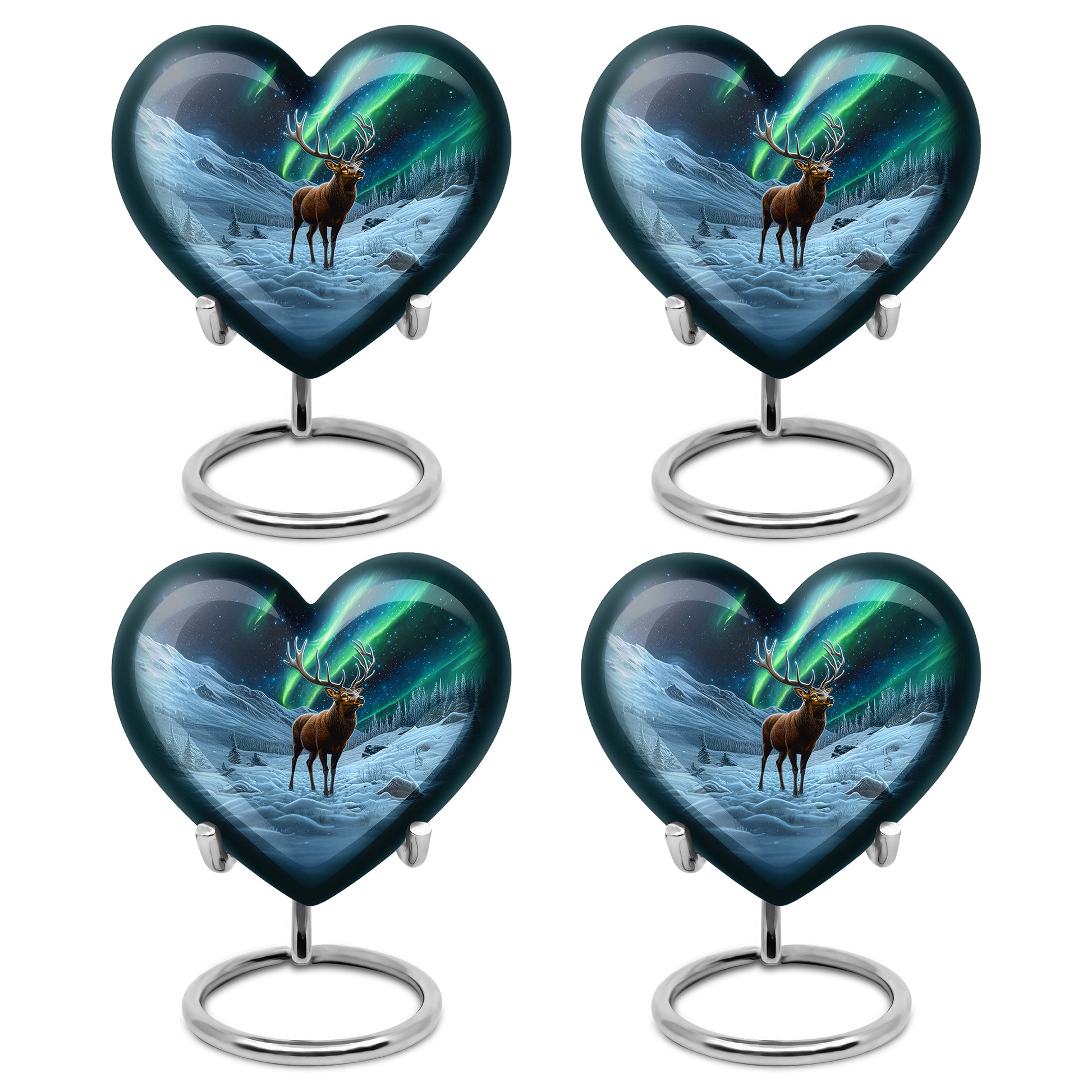 Ebony Deer Cremation Urn angled view of lid and engraved motif - loving heart memorial featuring deer pattern - 10 inch aluminum urn for cremated remains