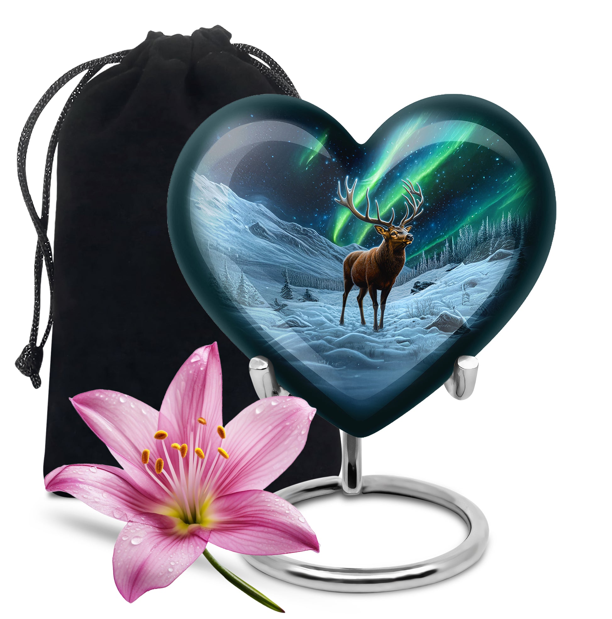 Rich Black Deer Cremation Urn detail view - heart-shaped deer design symbolizing eternal love - full-size 10 inch 200 cubic inch adult cremation urn