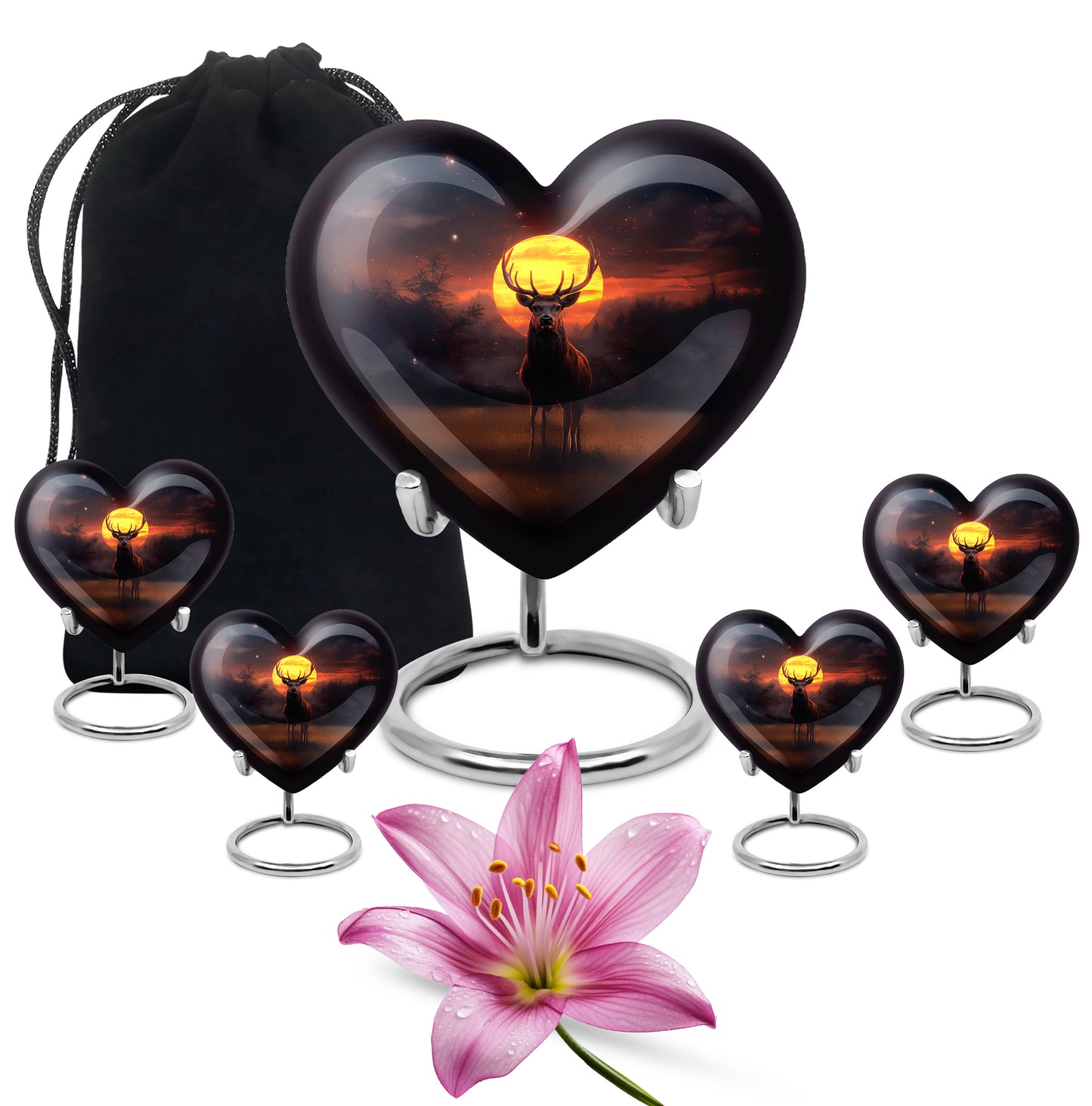 Coral Pink Deer Cremation Urn close-up of engraving and surface detail - heart-shaped deer design symbolizing eternal love - memorial set with one large and four small urns