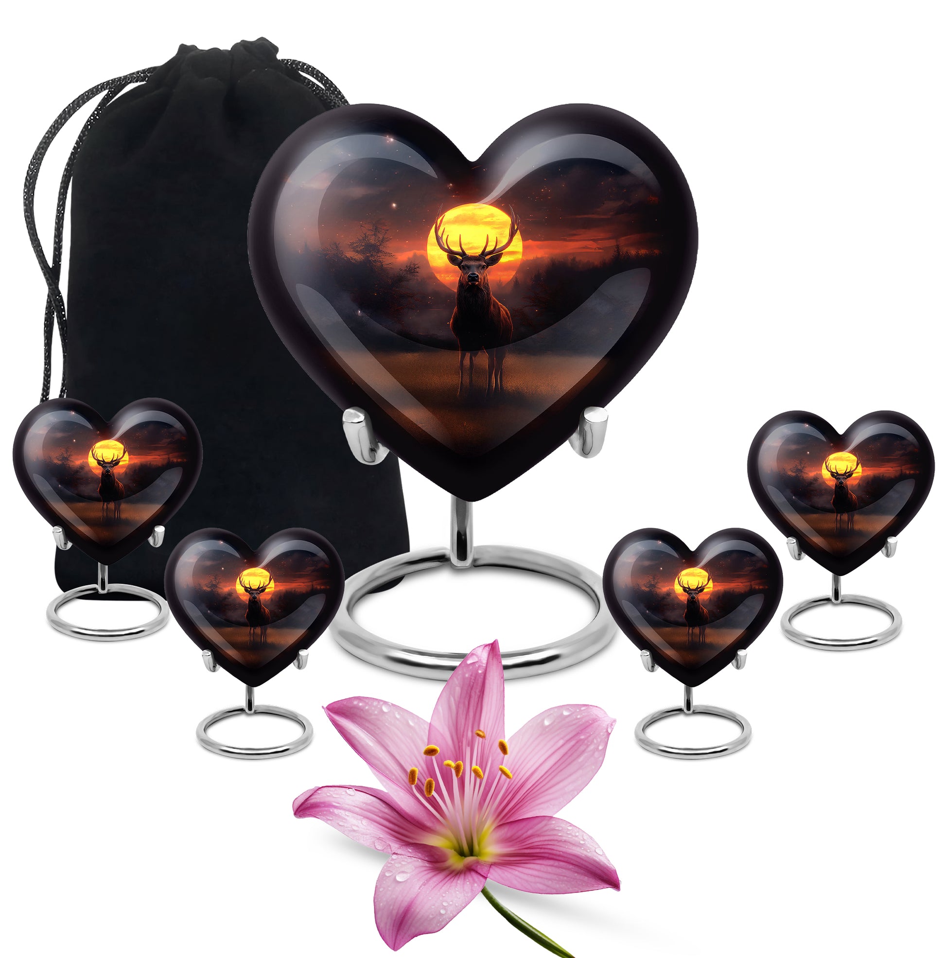 Coral Pink Deer Cremation Urn close-up of engraving and surface detail - heart-shaped deer design symbolizing eternal love - memorial set with one large and four small urns