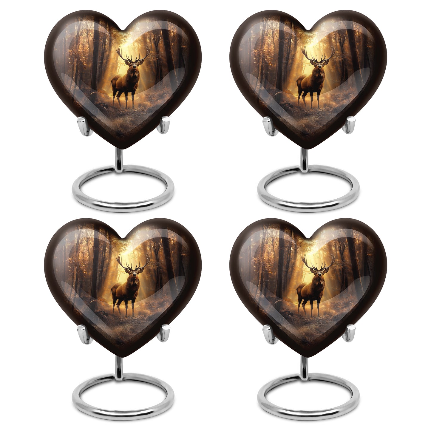 Antique Gold Deer Cremation Urn angled view of lid and engraved motif - heart-shaped deer design symbolizing eternal love - 10 inch aluminum urn for cremated remains