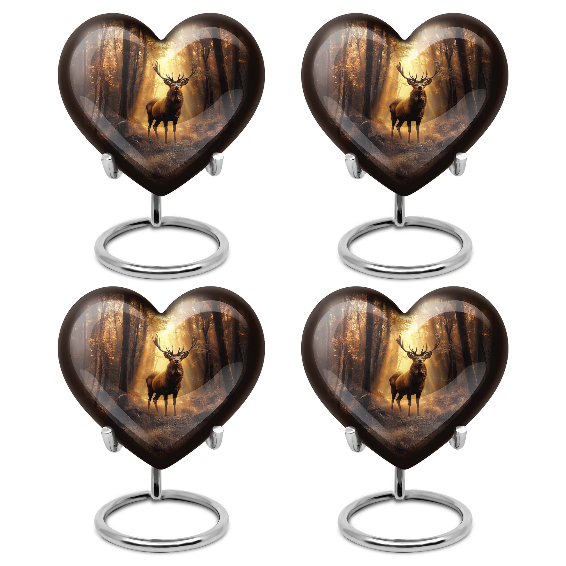 Antique Gold Deer Cremation Urn angled view of lid and engraved motif - heart-shaped deer design symbolizing eternal love - 10 inch aluminum urn for cremated remains