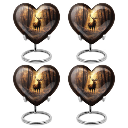 Antique Gold Deer Cremation Urn angled view of lid and engraved motif - heart-shaped deer design symbolizing eternal love - 10 inch aluminum urn for cremated remains