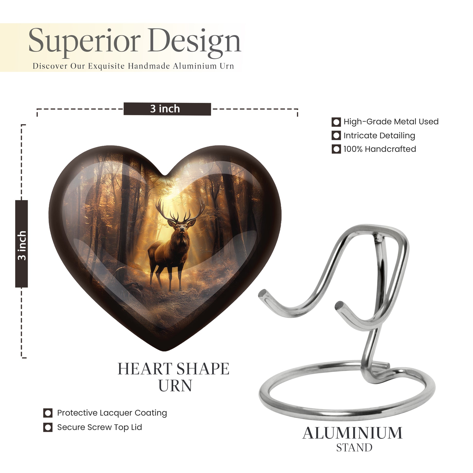 Sunrise Gold Deer Cremation Urn front view showing detailed design - heart-shaped deer design symbolizing eternal love - mini keepsake memorial for portion of cremation ashes