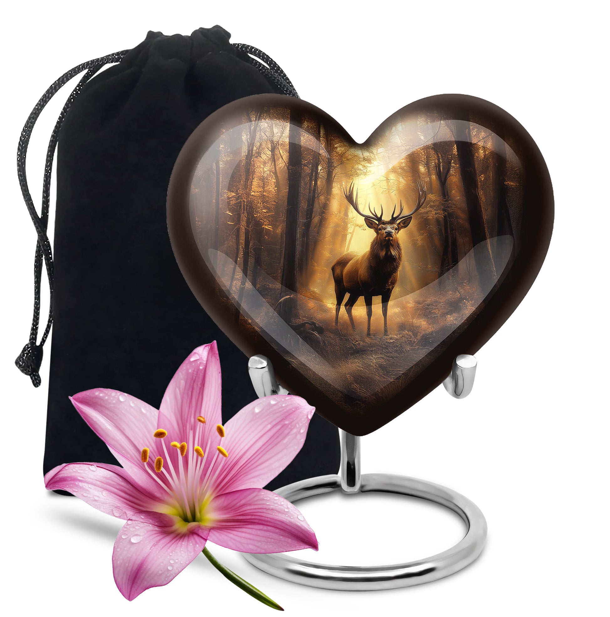 Antique Gold Deer Cremation Urn detail view - loving heart memorial featuring deer pattern - full-size 10 inch 200 cubic inch adult cremation urn