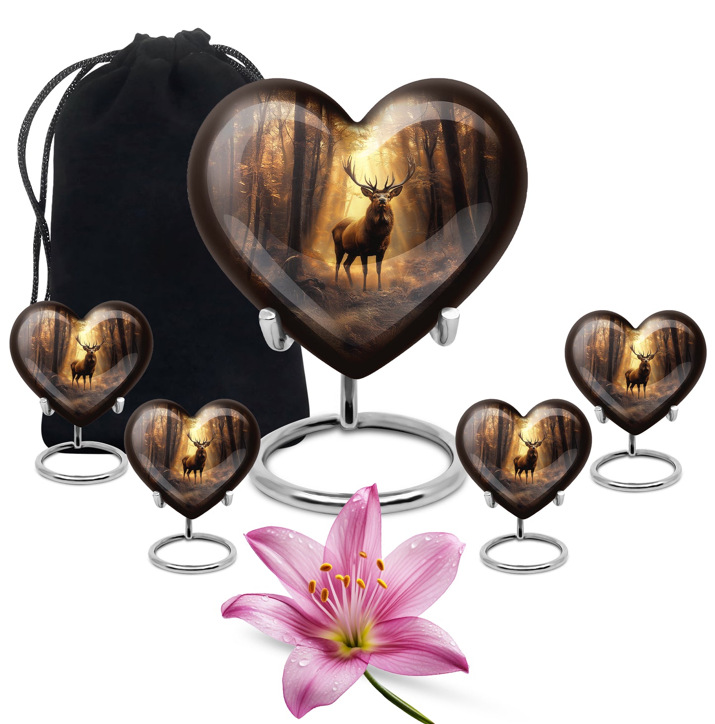 Champagne Gold Deer Cremation Urn close-up of engraving and surface detail - loving heart memorial featuring deer pattern - memorial set with one large and four small urns