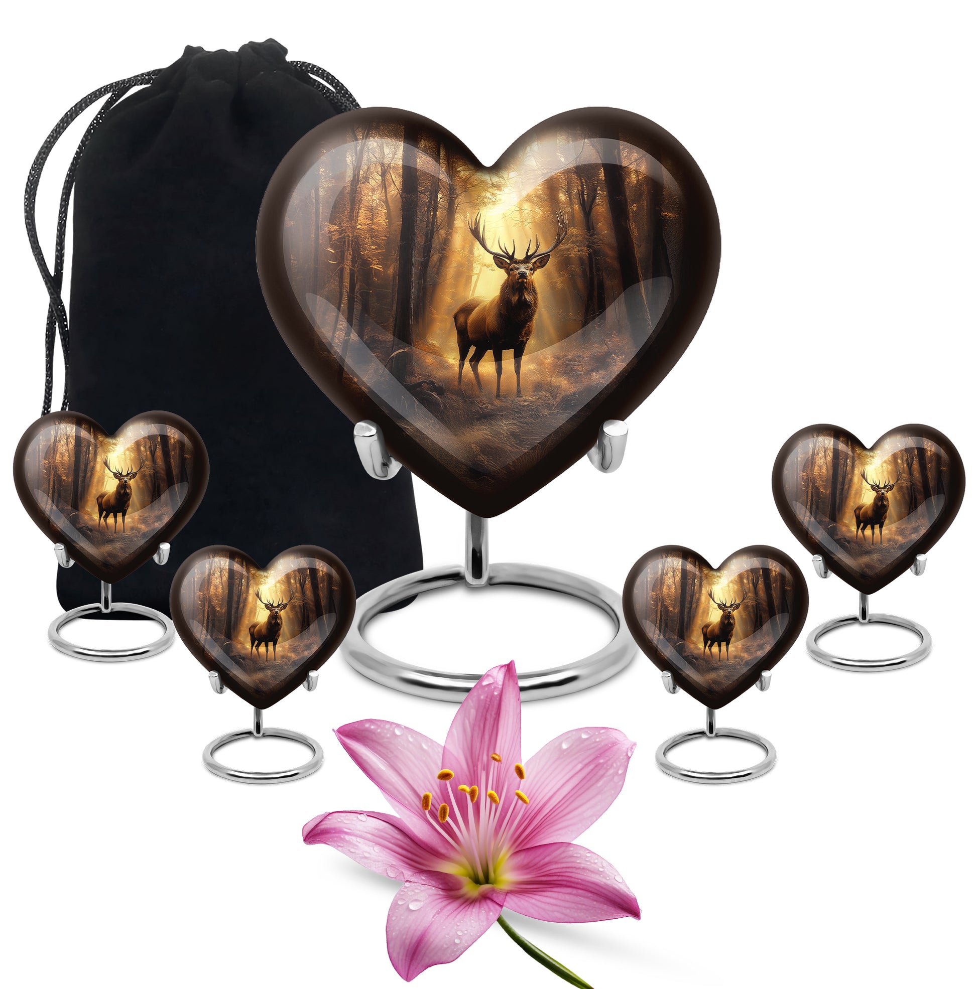 Champagne Gold Deer Cremation Urn close-up of engraving and surface detail - loving heart memorial featuring deer pattern - memorial set with one large and four small urns