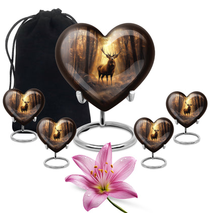 Champagne Gold Deer Cremation Urn close-up of engraving and surface detail - loving heart memorial featuring deer pattern - memorial set with one large and four small urns
