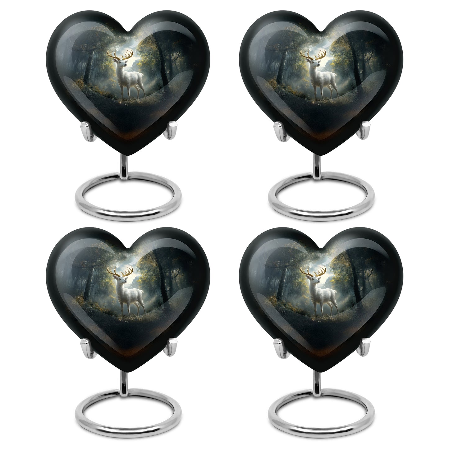 Dark Black Deer Cremation Urn angled view of lid and engraved motif - compassionate heart-deer combination with gentle curves - 10 inch aluminum urn for cremated remains